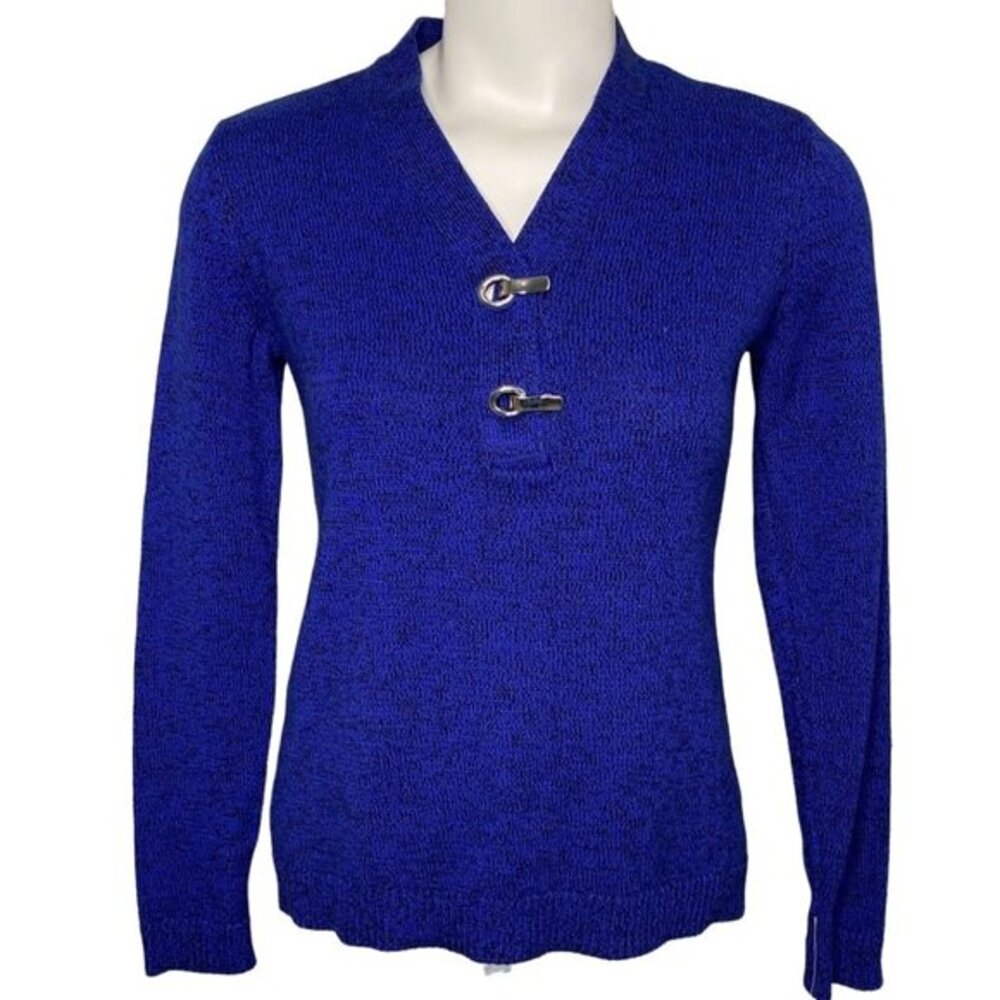Karen Scott Petite Henley Sweater Top Women's SMALL Blue Black Hardware-Trim NEW